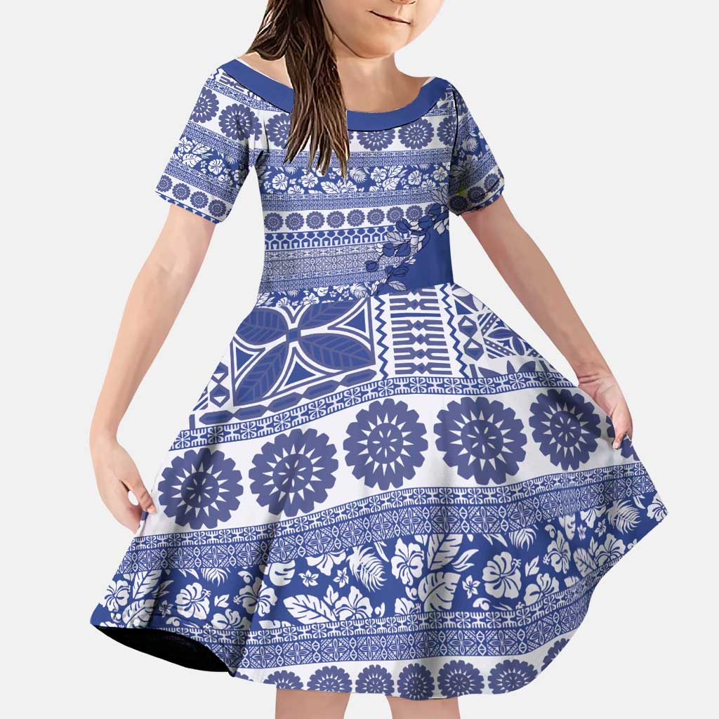 Fiji Marau na Kerisimasi Family Matching Mermaid Dress and Hawaiian Shirt Blue Tagimoucia Tapa Masi Tribal LT9 Daughter's Dress Blue - Polynesian Pride