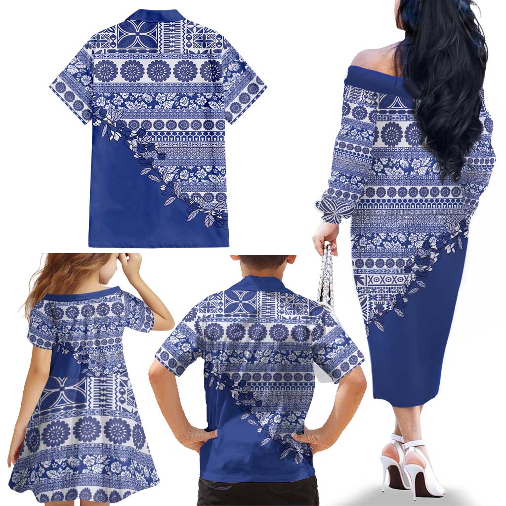 Fiji Marau na Kerisimasi Family Matching Off The Shoulder Long Sleeve Dress and Hawaiian Shirt Blue Tagimoucia Tapa Masi Tribal LT9 - Polynesian Pride