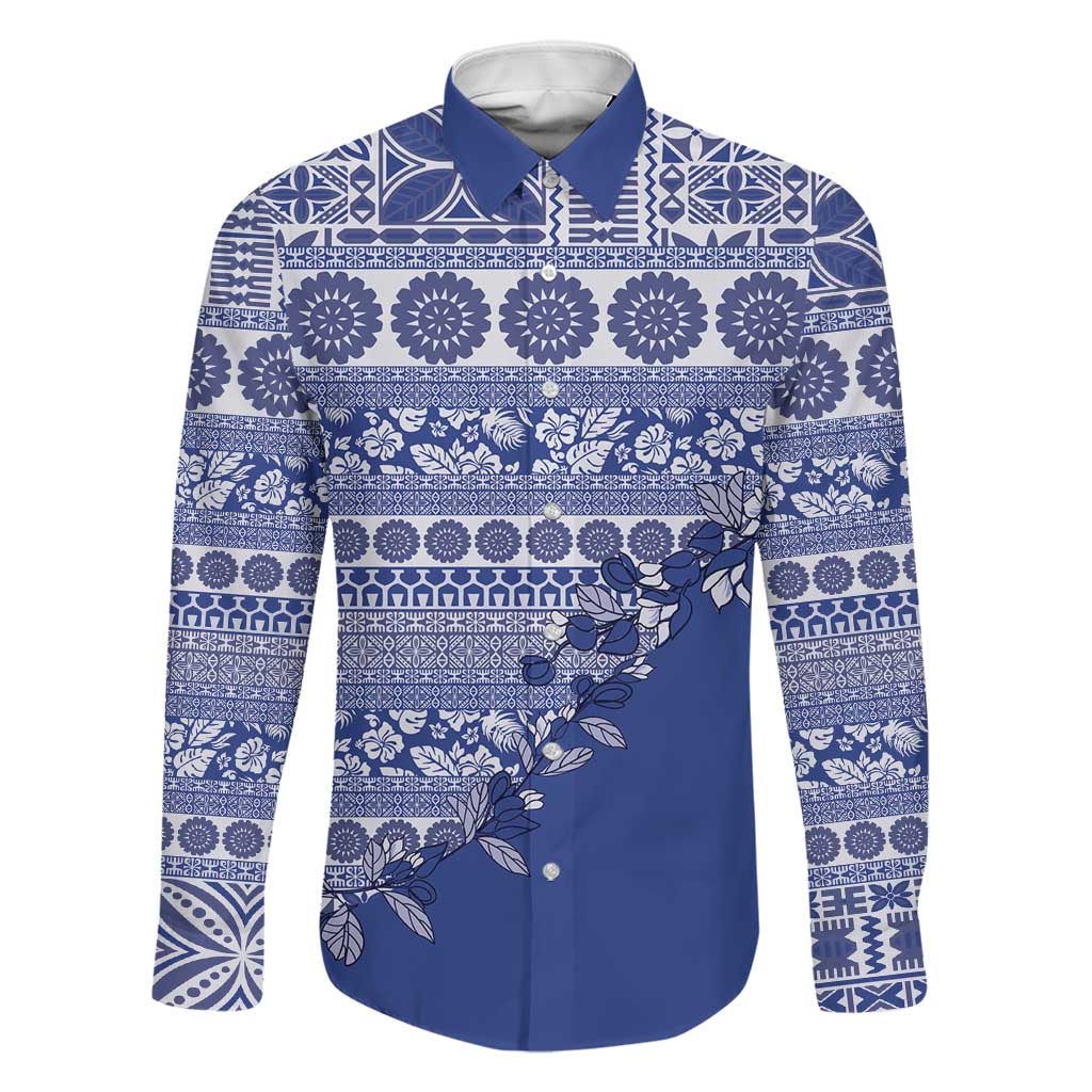 Fiji Marau na Kerisimasi Family Matching Off Shoulder Maxi Dress and Hawaiian Shirt Blue Tagimoucia Tapa Masi Tribal LT9 Dad's Shirt - Long Sleeve Blue - Polynesian Pride
