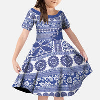Fiji Marau na Kerisimasi Family Matching Off Shoulder Short Dress and Hawaiian Shirt Blue Tagimoucia Tapa Masi Tribal LT9 Daughter's Dress Blue - Polynesian Pride