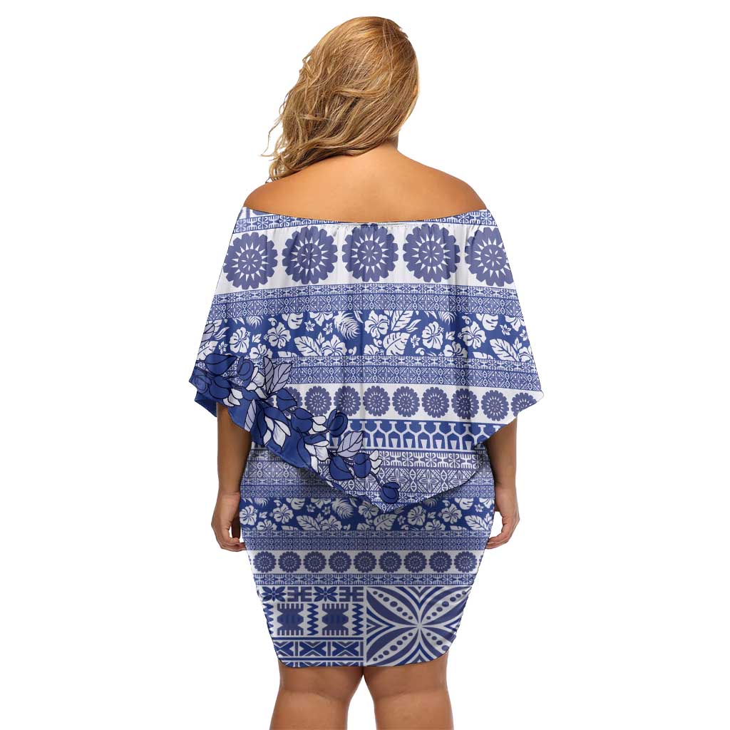 Fiji Marau na Kerisimasi Family Matching Off Shoulder Short Dress and Hawaiian Shirt Blue Tagimoucia Tapa Masi Tribal LT9 - Polynesian Pride
