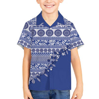 Fiji Marau na Kerisimasi Family Matching Off Shoulder Short Dress and Hawaiian Shirt Blue Tagimoucia Tapa Masi Tribal LT9 Son's Shirt Blue - Polynesian Pride