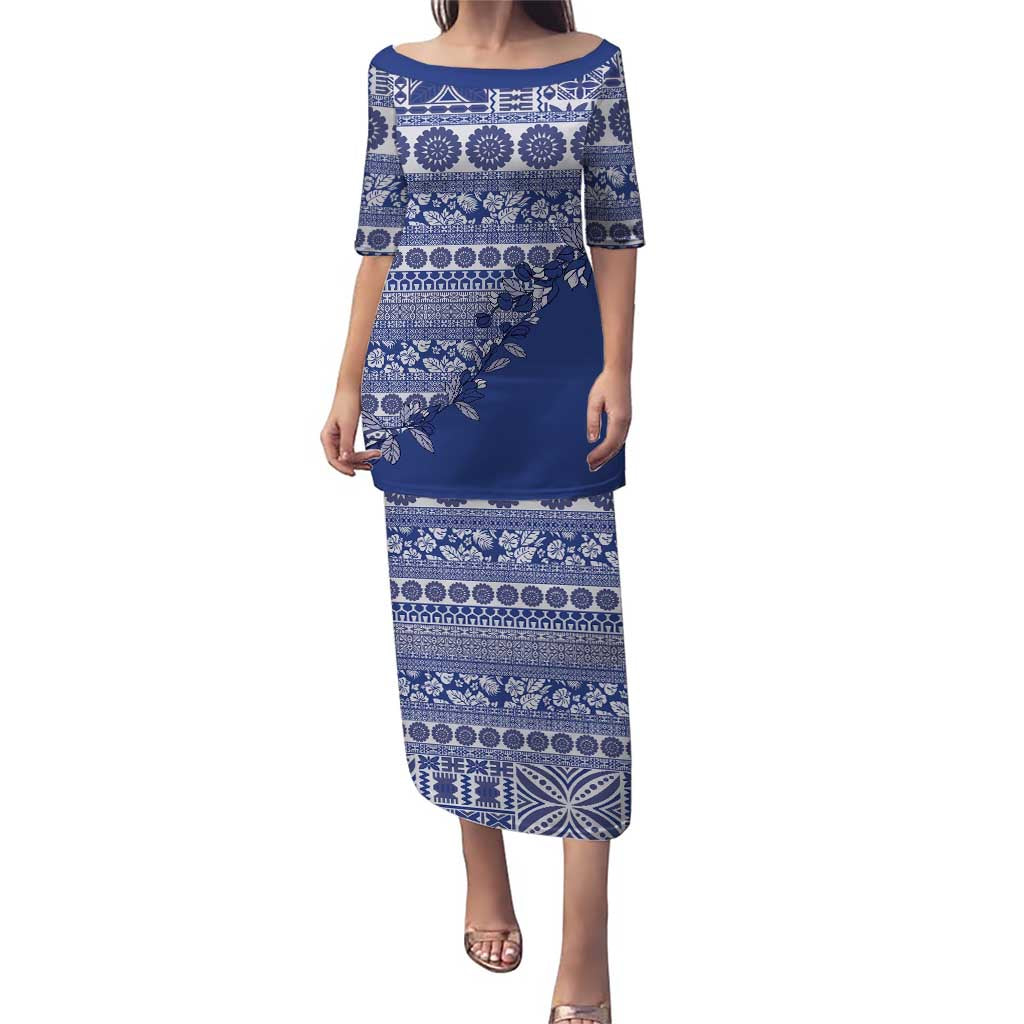 Fiji Marau na Kerisimasi Family Matching Puletasi and Hawaiian Shirt Blue Tagimoucia Tapa Masi Tribal LT9 Mom's Dress Blue - Polynesian Pride