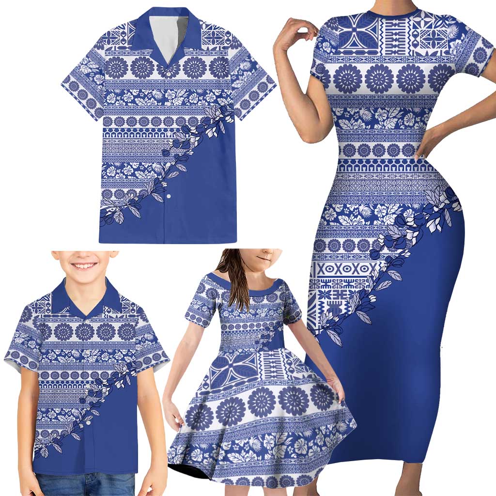 Fiji Marau na Kerisimasi Family Matching Short Sleeve Bodycon Dress and Hawaiian Shirt Blue Tagimoucia Tapa Masi Tribal LT9 - Polynesian Pride