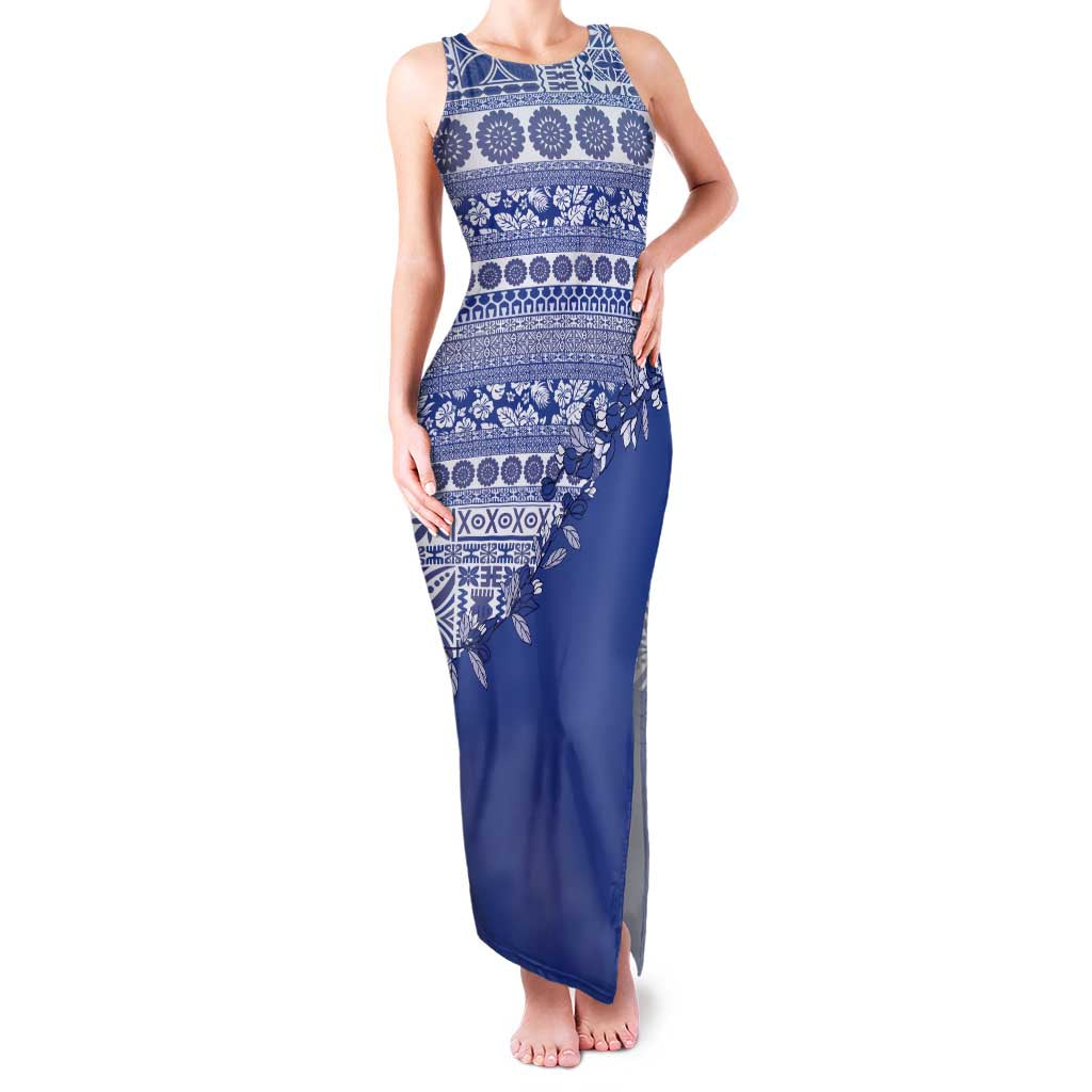 Fiji Marau na Kerisimasi Family Matching Tank Maxi Dress and Hawaiian Shirt Blue Tagimoucia Tapa Masi Tribal LT9 Mom's Dress Blue - Polynesian Pride