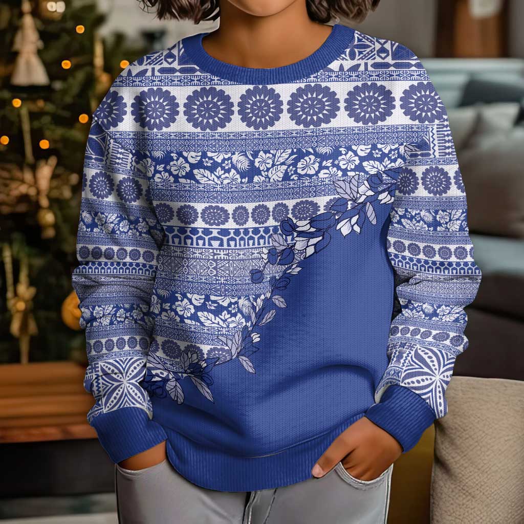 Fiji Marau na Kerisimasi Kid Ugly Christmas Sweater Blue Tagimoucia Tapa Masi Tribal LT9 - Polynesian Pride