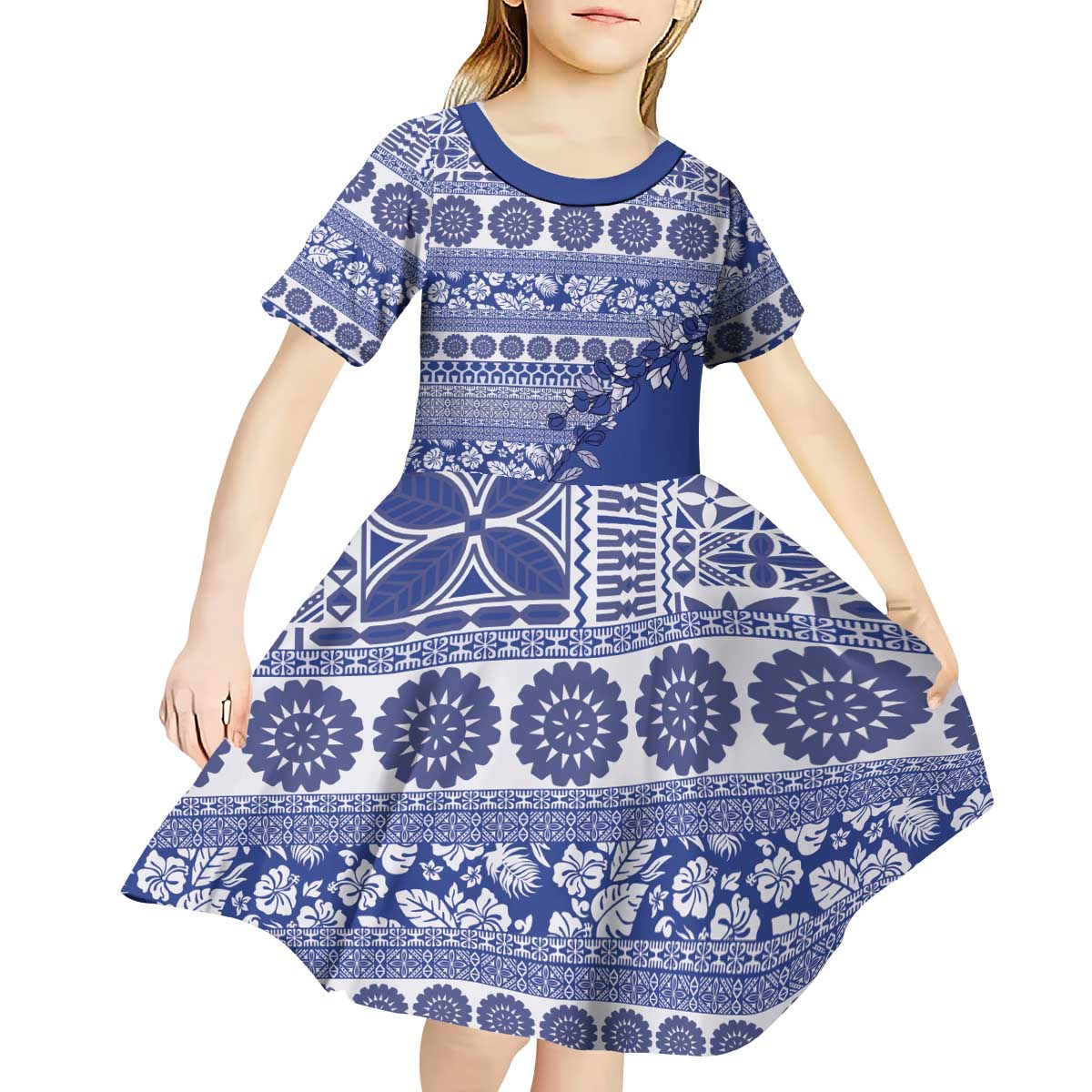 Fiji Marau na Kerisimasi Kid Short Sleeve Dress Blue Tagimoucia Tapa Masi Tribal LT9 - Polynesian Pride