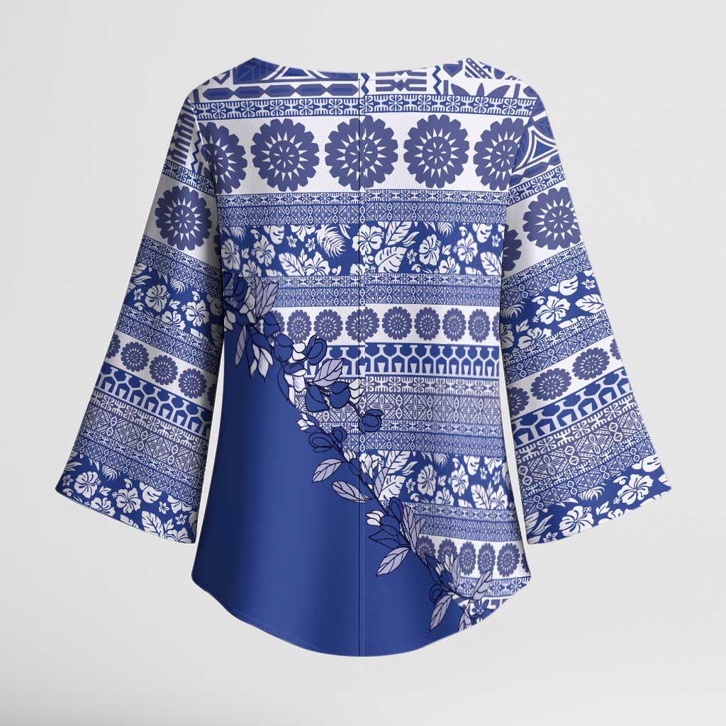 Fiji Marau na Kerisimasi Kimono Sleeve Blouse Blue Tagimoucia Tapa Masi Tribal LT9 - Polynesian Pride