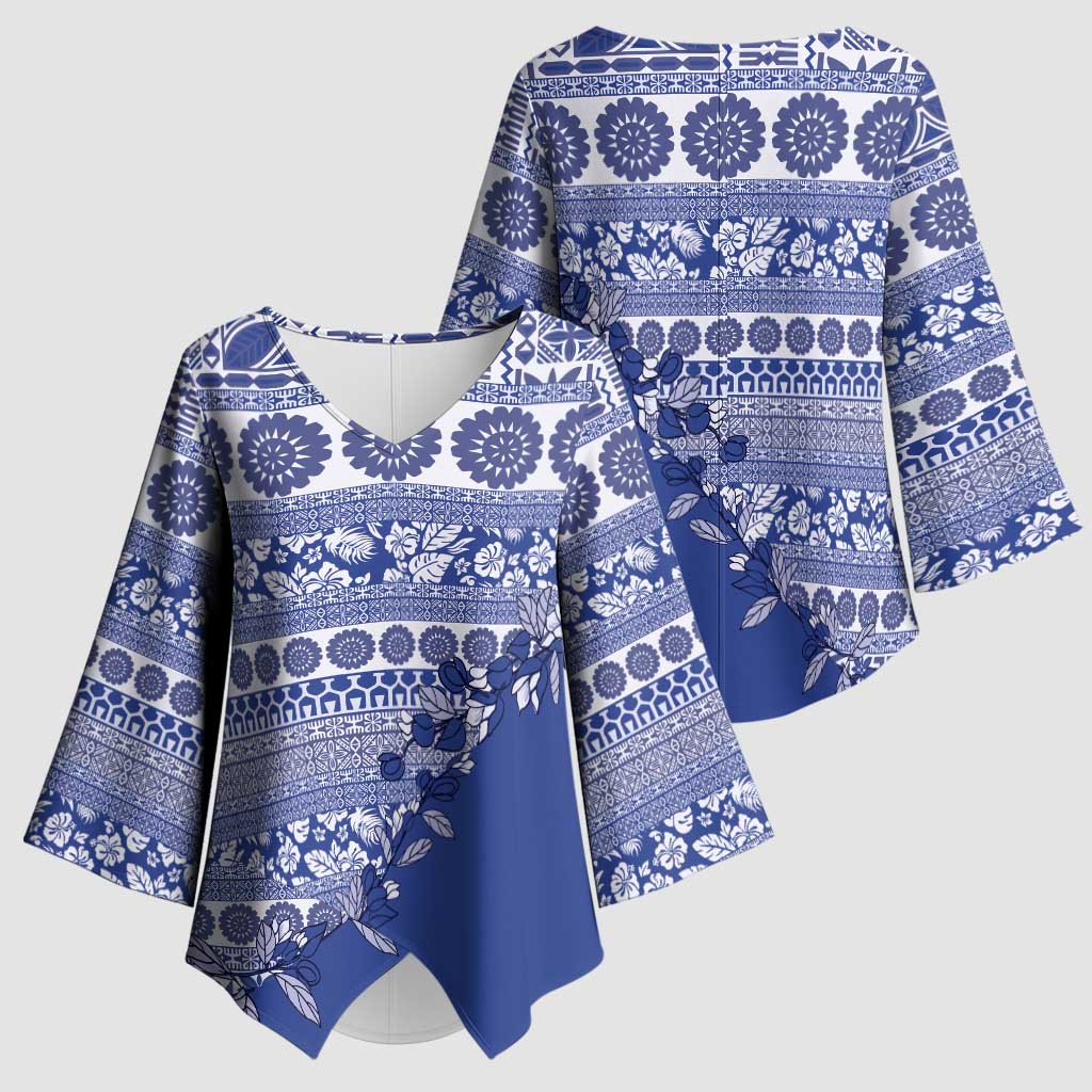 Fiji Marau na Kerisimasi Kimono Sleeve Blouse Blue Tagimoucia Tapa Masi Tribal LT9 - Polynesian Pride