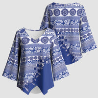 Fiji Marau na Kerisimasi Kimono Sleeve Blouse Blue Tagimoucia Tapa Masi Tribal LT9 - Polynesian Pride