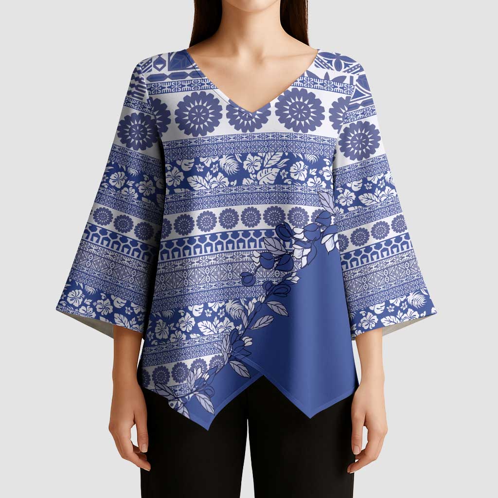 Fiji Marau na Kerisimasi Kimono Sleeve Blouse Blue Tagimoucia Tapa Masi Tribal LT9 - Polynesian Pride