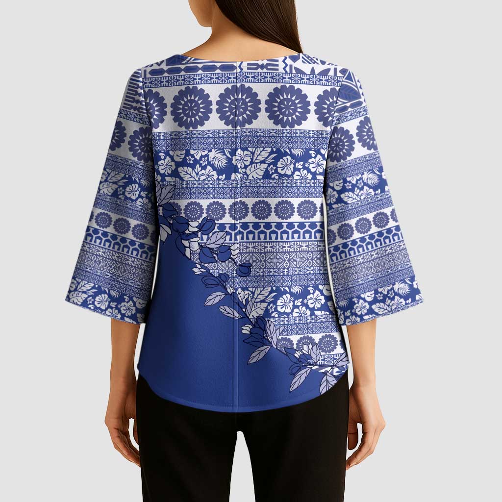 Fiji Marau na Kerisimasi Kimono Sleeve Blouse Blue Tagimoucia Tapa Masi Tribal LT9 - Polynesian Pride