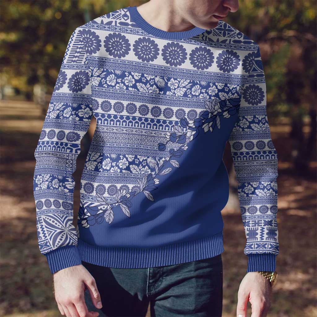 Fiji Marau na Kerisimasi Ugly Christmas Sweater Blue Tagimoucia Tapa Masi Tribal LT9 - Polynesian Pride