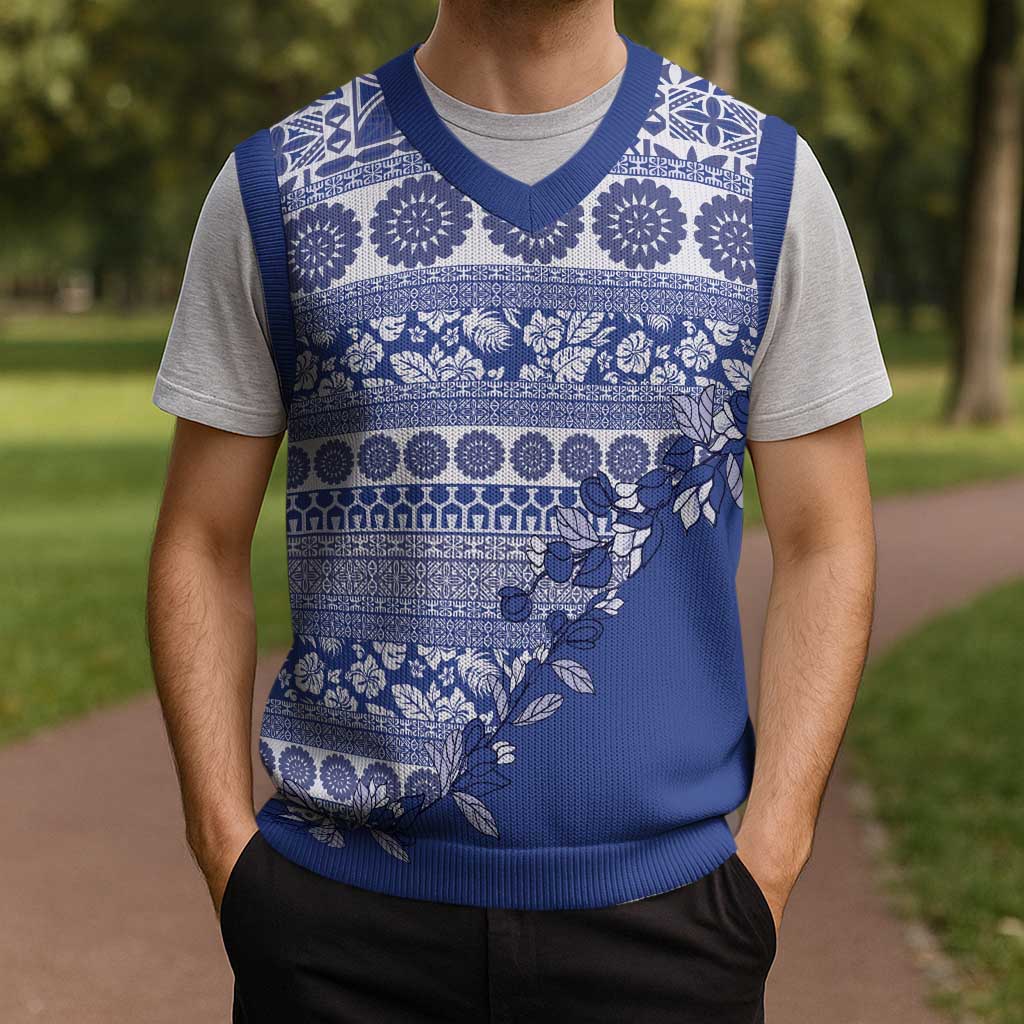 Fiji Marau na Kerisimasi Christmas Knitted V-Neck Vest Blue Tagimoucia Tapa Masi Tribal LT9 - Polynesian Pride