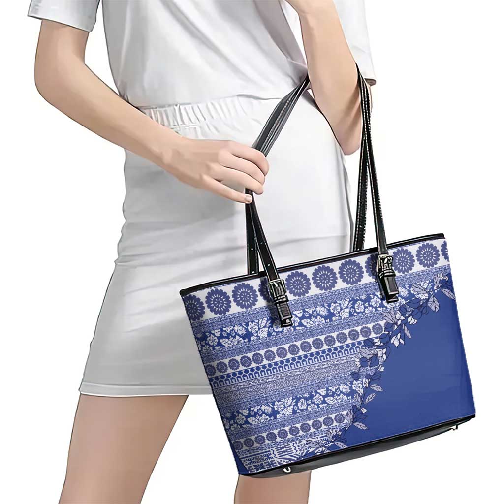Fiji Marau na Kerisimasi Leather Tote Bag Blue Tagimoucia Tapa Masi Tribal LT9 - Polynesian Pride