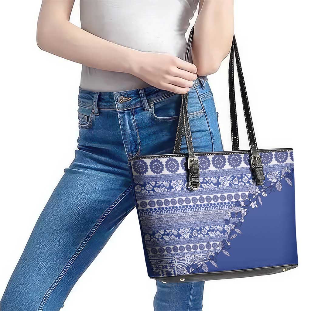 Fiji Marau na Kerisimasi Leather Tote Bag Blue Tagimoucia Tapa Masi Tribal LT9 - Polynesian Pride