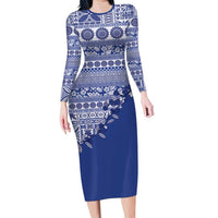 Fiji Marau na Kerisimasi Long Sleeve Bodycon Dress Blue Tagimoucia Tapa Masi Tribal LT9 Long Dress Blue - Polynesian Pride
