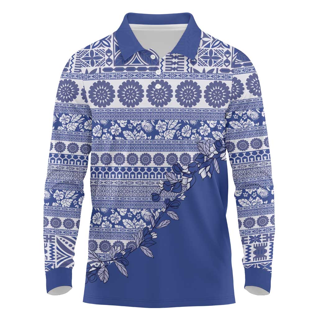 Fiji Marau na Kerisimasi Long Sleeve Polo Shirt Blue Tagimoucia Tapa Masi Tribal LT9 Blue - Polynesian Pride