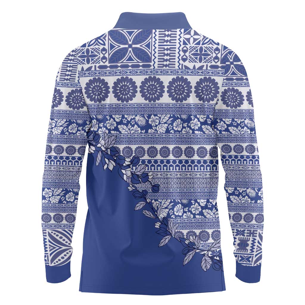 Fiji Marau na Kerisimasi Long Sleeve Polo Shirt Blue Tagimoucia Tapa Masi Tribal LT9 - Polynesian Pride