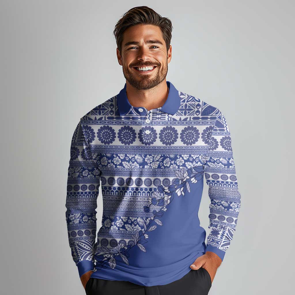 Fiji Marau na Kerisimasi Long Sleeve Polo Shirt Blue Tagimoucia Tapa Masi Tribal LT9 - Polynesian Pride