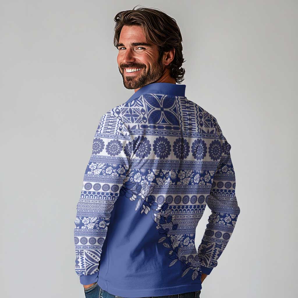 Fiji Marau na Kerisimasi Long Sleeve Polo Shirt Blue Tagimoucia Tapa Masi Tribal LT9 - Polynesian Pride