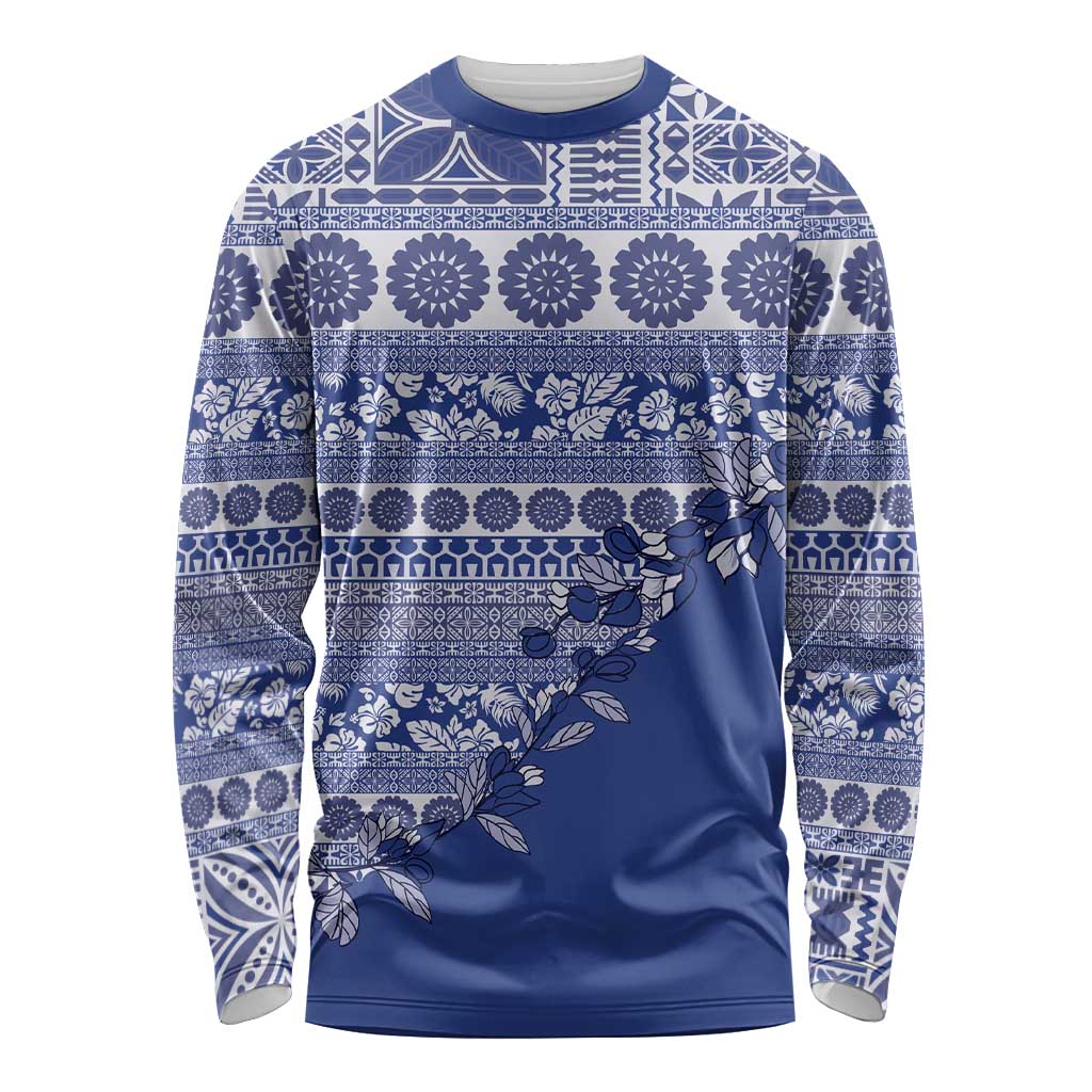 Fiji Marau na Kerisimasi Long Sleeve Shirt Blue Tagimoucia Tapa Masi Tribal LT9 Unisex Blue - Polynesian Pride