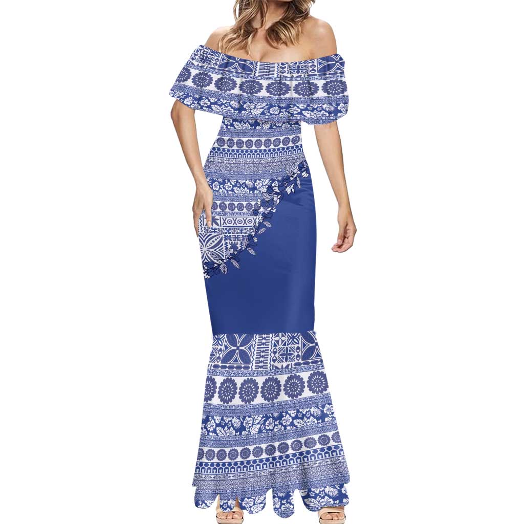 Fiji Marau na Kerisimasi Mermaid Dress Blue Tagimoucia Tapa Masi Tribal LT9 - Polynesian Pride