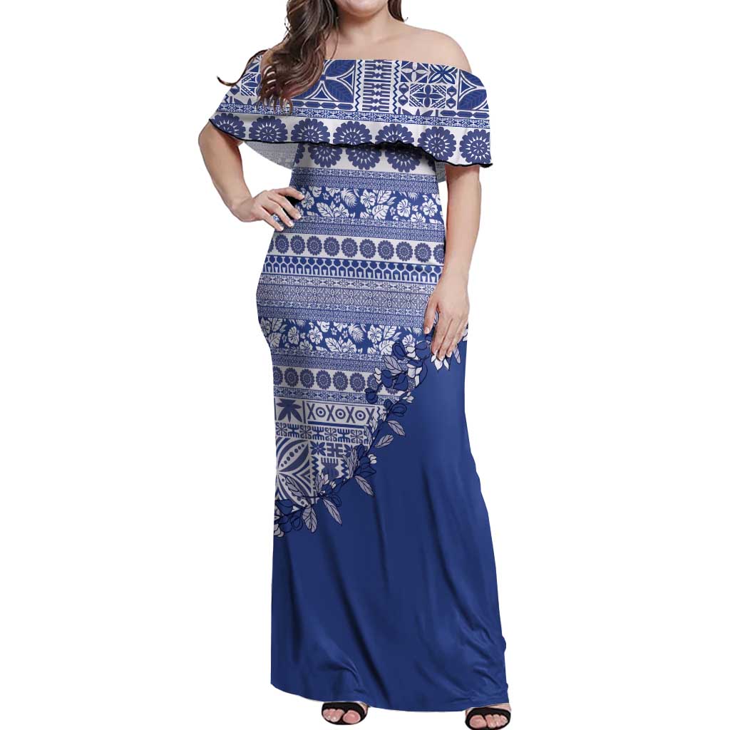 Fiji Marau na Kerisimasi Off Shoulder Maxi Dress Blue Tagimoucia Tapa Masi Tribal LT9 Women Blue - Polynesian Pride