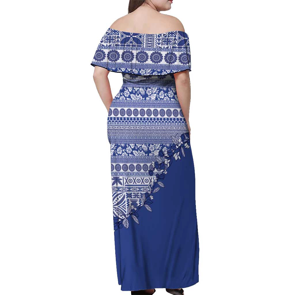 Fiji Marau na Kerisimasi Off Shoulder Maxi Dress Blue Tagimoucia Tapa Masi Tribal LT9 - Polynesian Pride