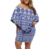 Fiji Marau na Kerisimasi Off Shoulder Short Dress Blue Tagimoucia Tapa Masi Tribal LT9 Women Blue - Polynesian Pride