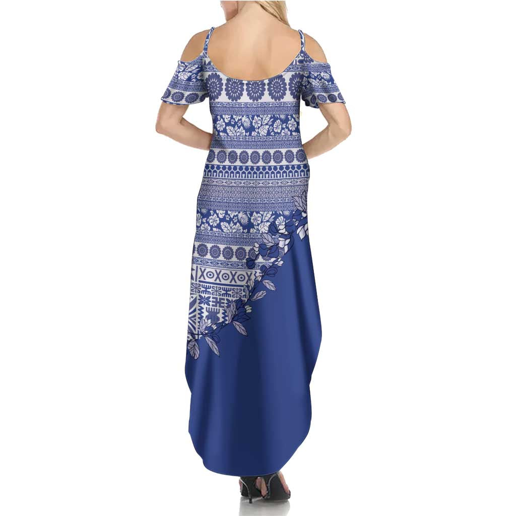 Fiji Marau na Kerisimasi Summer Maxi Dress Blue Tagimoucia Tapa Masi Tribal LT9 - Polynesian Pride