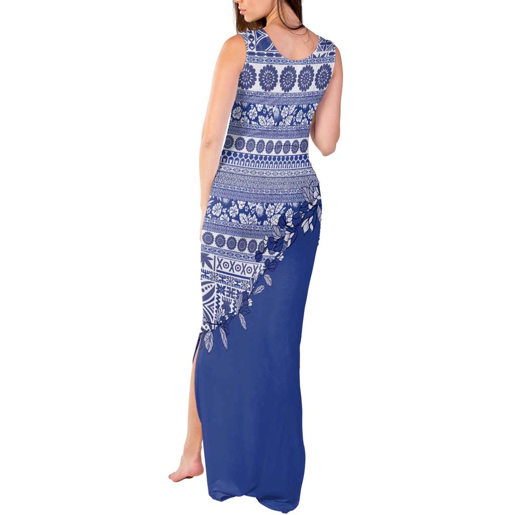 Fiji Marau na Kerisimasi Tank Maxi Dress Blue Tagimoucia Tapa Masi Tribal LT9 - Polynesian Pride
