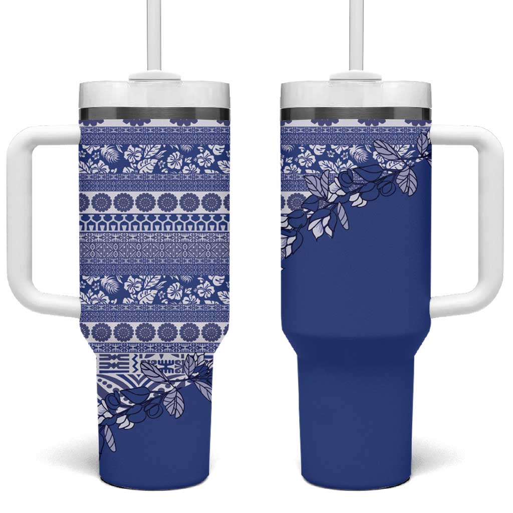 Fiji Marau na Kerisimasi Tumbler With Handle Blue Tagimoucia Tapa Masi Tribal LT9 One Size: 40 oz Blue - Polynesian Pride