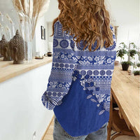 Fiji Marau na Kerisimasi Women Casual Shirt Blue Tagimoucia Tapa Masi Tribal - Polynesian Pride