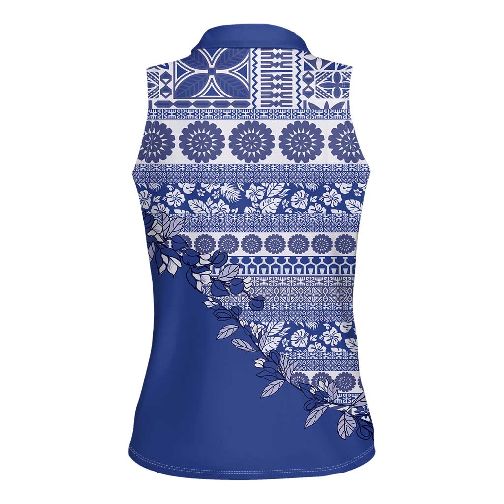 Fiji Marau na Kerisimasi Women Sleeveless Polo Shirt Blue Tagimoucia Tapa Masi Tribal LT9 - Polynesian Pride