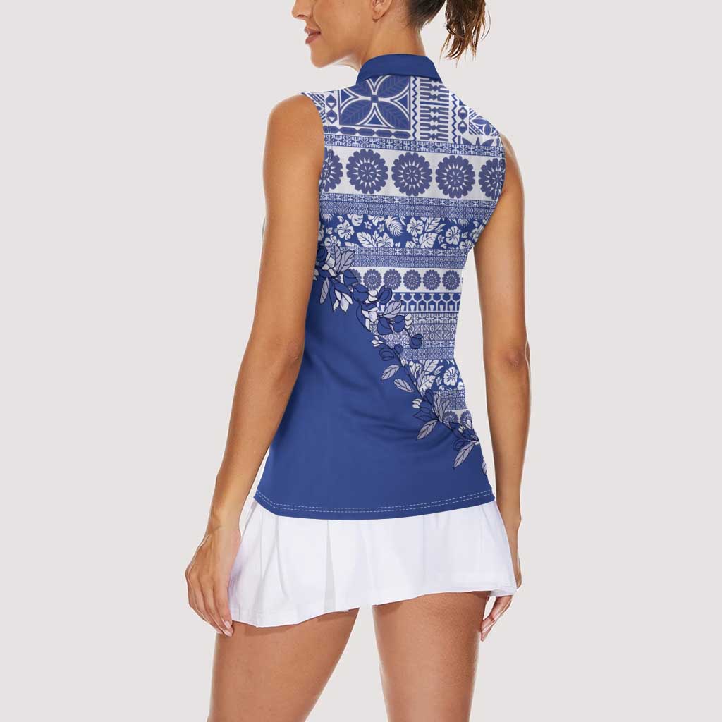 Fiji Marau na Kerisimasi Women Sleeveless Polo Shirt Blue Tagimoucia Tapa Masi Tribal LT9 - Polynesian Pride