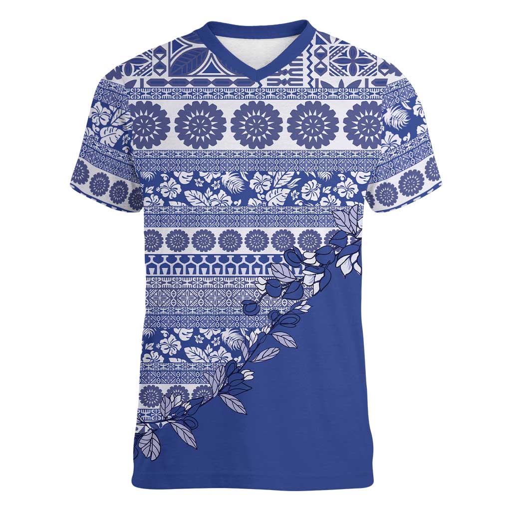 Fiji Marau na Kerisimasi Women V-Neck T-Shirt Blue Tagimoucia Tapa Masi Tribal - Polynesian Pride