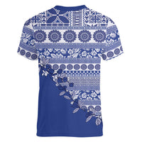 Fiji Marau na Kerisimasi Women V-Neck T-Shirt Blue Tagimoucia Tapa Masi Tribal LT9 - Polynesian Pride