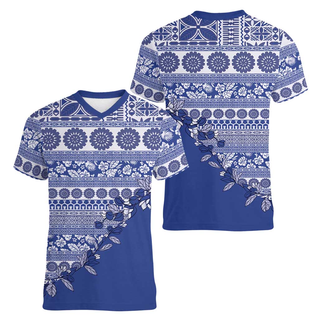 Fiji Marau na Kerisimasi Women V-Neck T-Shirt Blue Tagimoucia Tapa Masi Tribal LT9 - Polynesian Pride