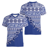 Fiji Marau na Kerisimasi Women V-Neck T-Shirt Blue Tagimoucia Tapa Masi Tribal LT9 - Polynesian Pride