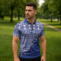 Fiji Marau na Kerisimasi Zipper Polo Shirt Blue Tagimoucia Tapa Masi Tribal LT9 - Polynesian Pride
