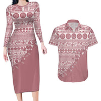 Fiji Marau na Kerisimasi Couples Matching Long Sleeve Bodycon Dress and Hawaiian Shirt Dusty Rose Tagimoucia Tapa Masi Tribal LT9 Pink - Polynesian Pride