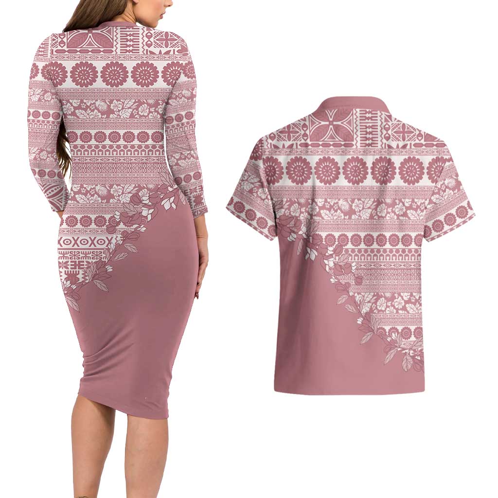 Fiji Marau na Kerisimasi Couples Matching Long Sleeve Bodycon Dress and Hawaiian Shirt Dusty Rose Tagimoucia Tapa Masi Tribal LT9 - Polynesian Pride
