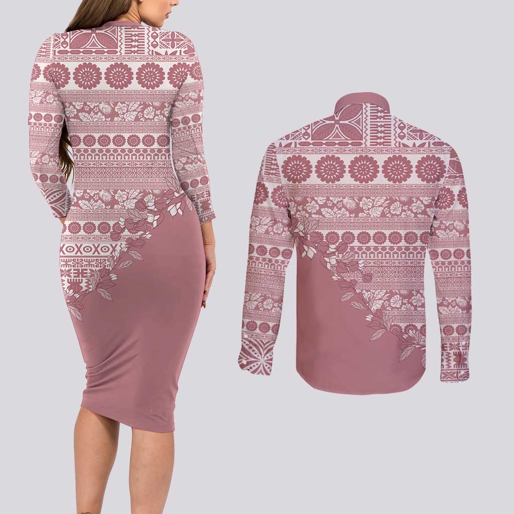 Fiji Marau na Kerisimasi Couples Matching Long Sleeve Bodycon Dress and Long Sleeve Button Shirt Dusty Rose Tagimoucia Tapa Masi Tribal LT9 - Polynesian Pride