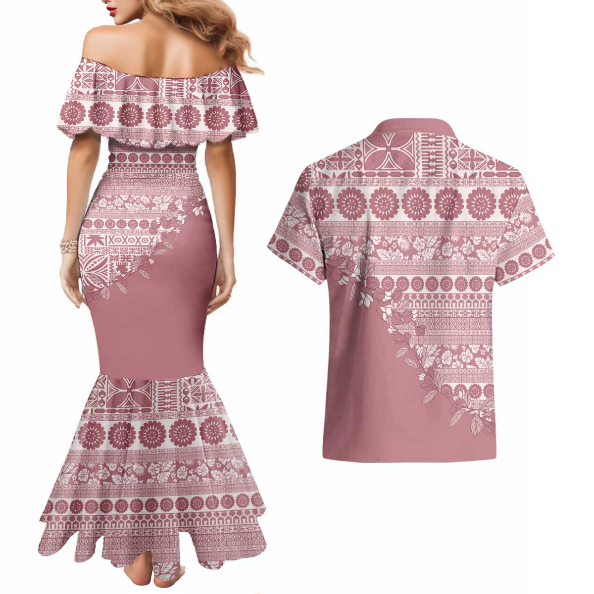 Fiji Marau na Kerisimasi Couples Matching Mermaid Dress and Hawaiian Shirt Dusty Rose Tagimoucia Tapa Masi Tribal LT9 - Polynesian Pride