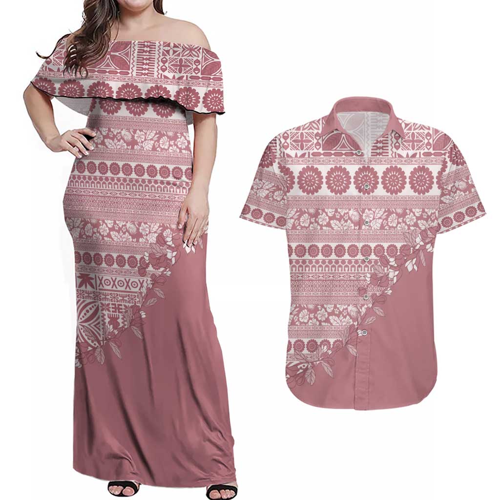 Fiji Marau na Kerisimasi Couples Matching Off Shoulder Maxi Dress and Hawaiian Shirt Dusty Rose Tagimoucia Tapa Masi Tribal LT9 Pink - Polynesian Pride