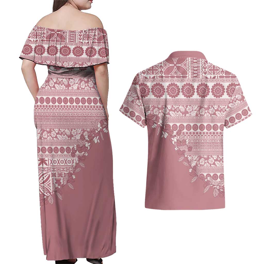 Fiji Marau na Kerisimasi Couples Matching Off Shoulder Maxi Dress and Hawaiian Shirt Dusty Rose Tagimoucia Tapa Masi Tribal LT9 - Polynesian Pride