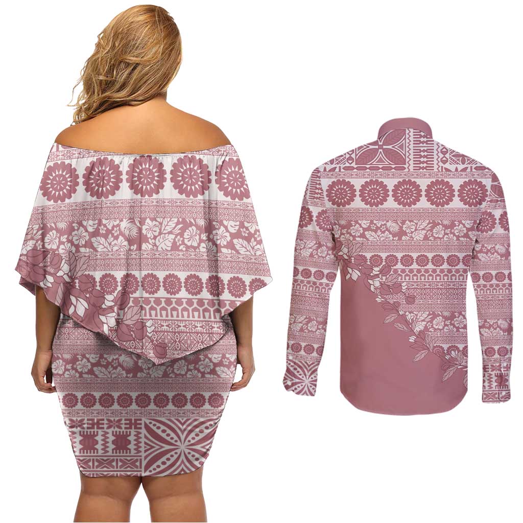 Fiji Marau na Kerisimasi Couples Matching Off Shoulder Short Dress and Long Sleeve Button Shirt Dusty Rose Tagimoucia Tapa Masi Tribal LT9 - Polynesian Pride