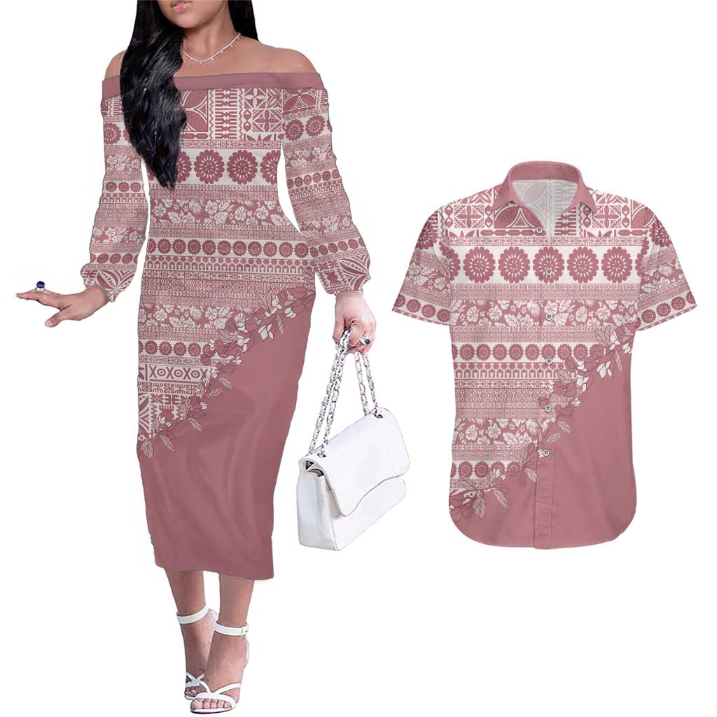 Fiji Marau na Kerisimasi Couples Matching Off The Shoulder Long Sleeve Dress and Hawaiian Shirt Dusty Rose Tagimoucia Tapa Masi Tribal LT9 Pink - Polynesian Pride