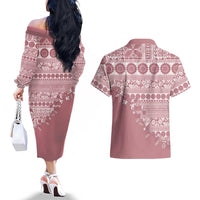 Fiji Marau na Kerisimasi Couples Matching Off The Shoulder Long Sleeve Dress and Hawaiian Shirt Dusty Rose Tagimoucia Tapa Masi Tribal LT9 - Polynesian Pride
